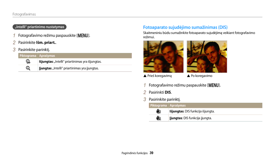 Samsung EC-DV150FBPWE2, EC-DV150FBPBE2 manual Fotoaparato sujudėjimo sumažinimas DIS, „Intelli priartinimo nustatymas 