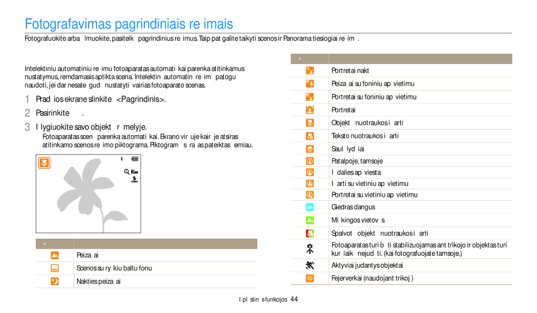 Samsung EC-DV150FBPBE2, EC-DV150FBPWE2 Fotografavimas pagrindiniais režimais, Fotografavimas intelekt. automatiniu režimu 