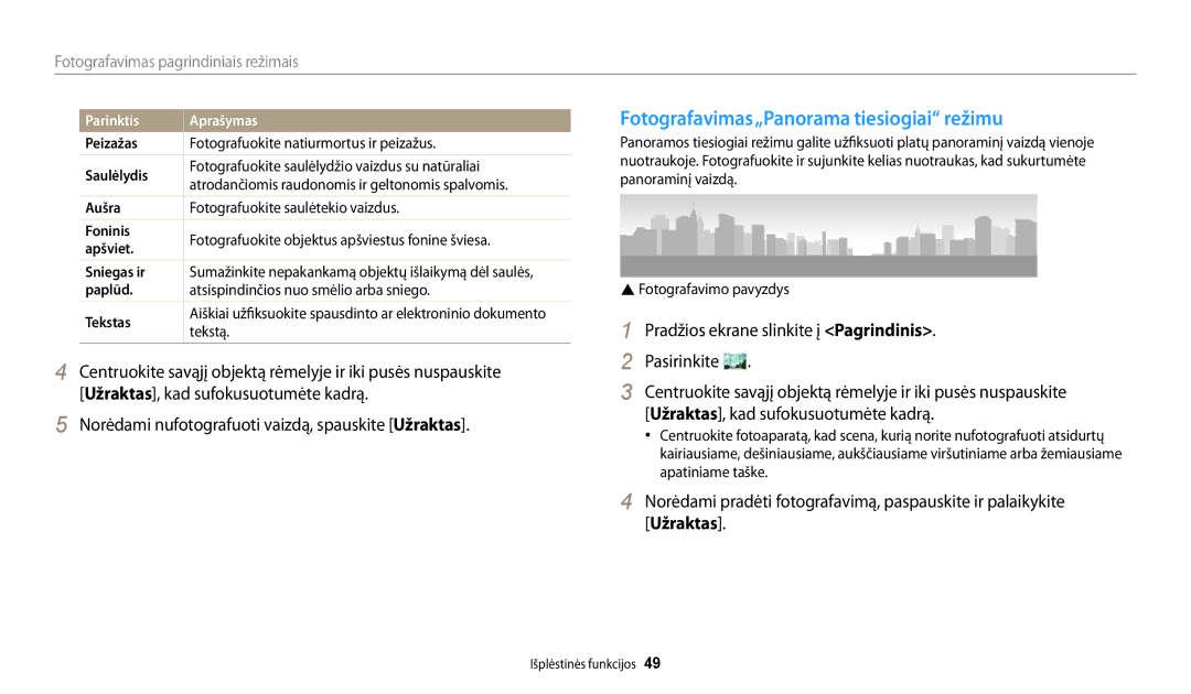 Samsung EC-DV150FBPWE2 Fotografavimas„Panorama tiesiogiai režimu, Paplūd Atsispindinčios nuo smėlio arba sniego Tekstas 