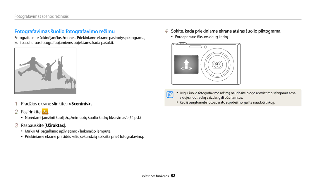 Samsung EC-DV150FBPWE2 Fotografavimas šuolio fotografavimo režimu, Paspauskite Užraktas, Fotoaparatas fiksuos daug kadrų 