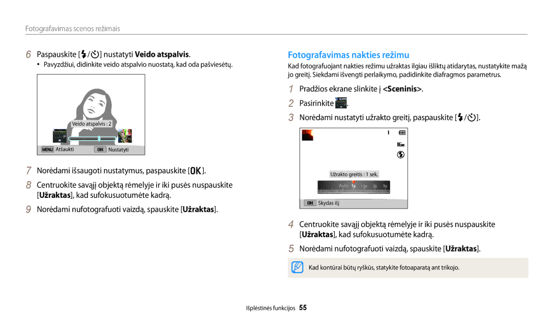 Samsung EC-DV150FBPWE2, EC-DV150FBPBE2 manual Fotografavimas nakties režimu, Paspauskite F/t nustatyti Veido atspalvis 