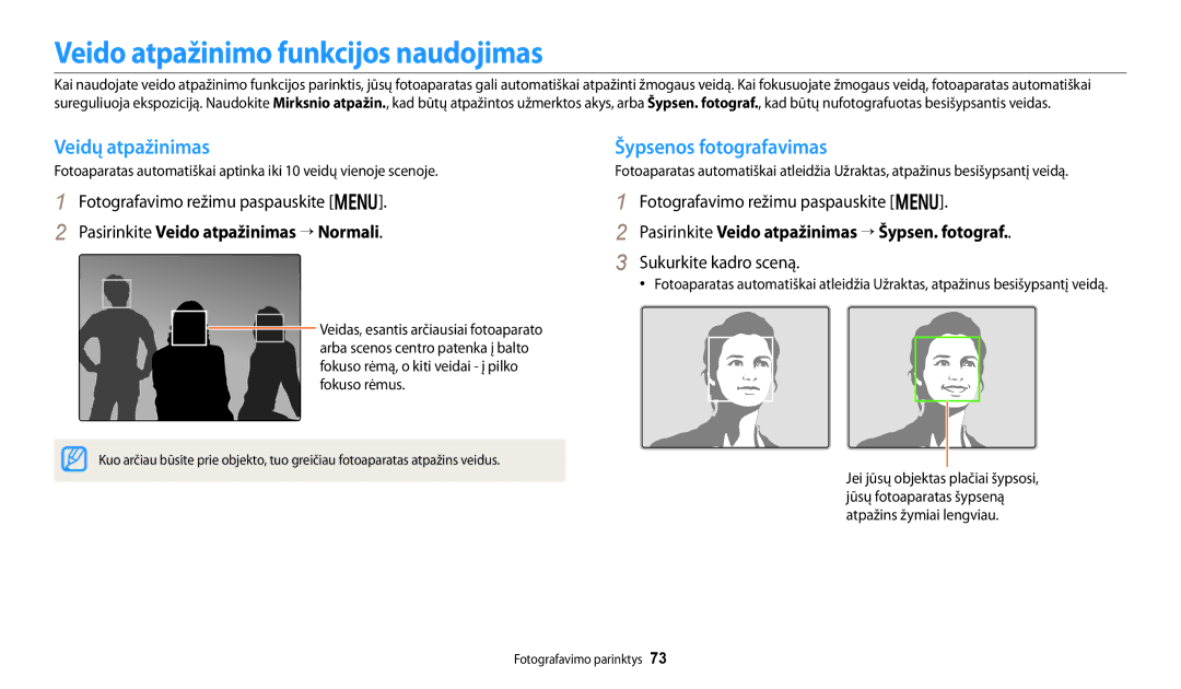 Samsung EC-DV150FBPWE2, EC-DV150FBPBE2 Veido atpažinimo funkcijos naudojimas, Veidų atpažinimas Šypsenos fotografavimas 