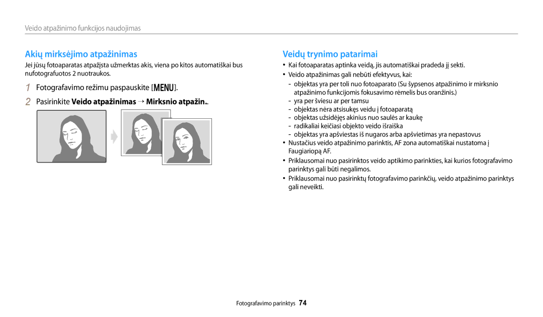 Samsung EC-DV150FBPBE2 manual Akių mirksėjimo atpažinimas, Veidų trynimo patarimai, Veido atpažinimo funkcijos naudojimas 