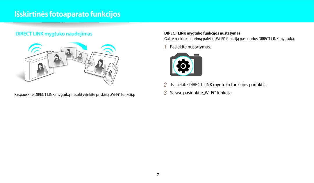 Samsung EC-DV150FBPWE2, EC-DV150FBPBE2 manual Išskirtinės fotoaparato funkcijos, Direct Link mygtuko funkcijos nustatymas 