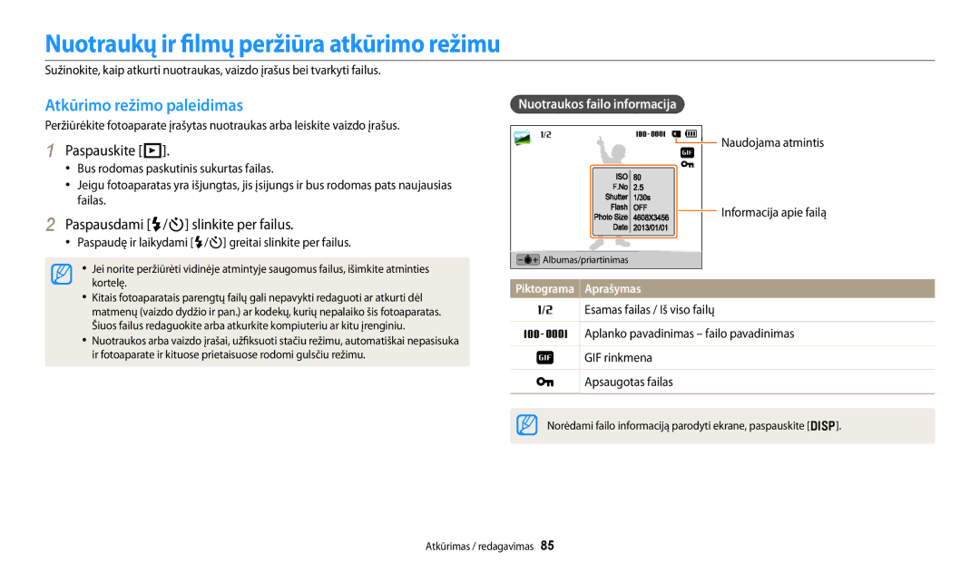 Samsung EC-DV150FBPWE2 manual Nuotraukų ir filmų peržiūra atkūrimo režimu, Atkūrimo režimo paleidimas, Paspauskite P 