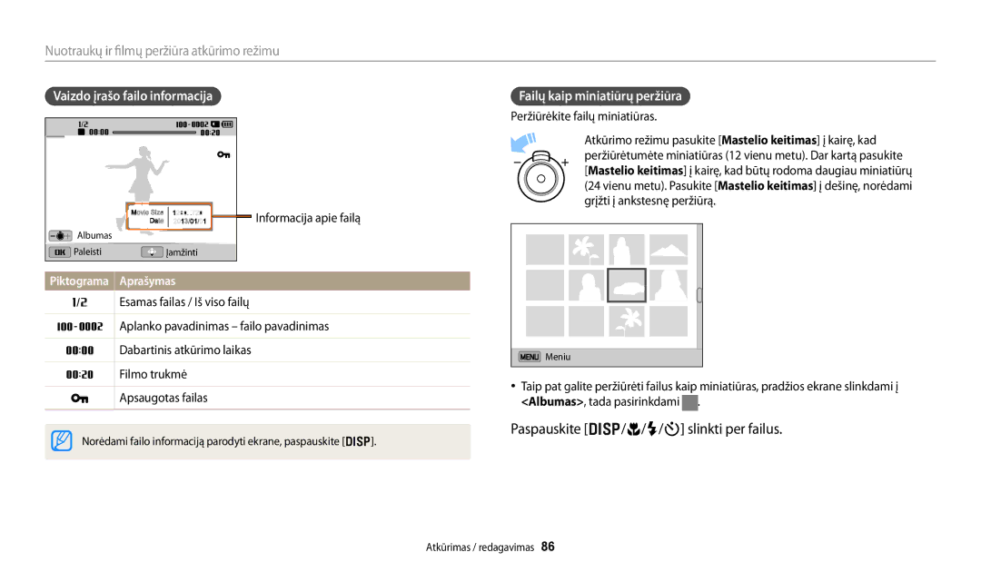 Samsung EC-DV150FBPBE2, EC-DV150FBPWE2 Paspauskite D/c/F/t slinkti per failus, Nuotraukų ir filmų peržiūra atkūrimo režimu 