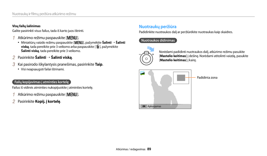 Samsung EC-DV150FBPWE2 manual Nuotraukų peržiūra, Atkūrimo režimu paspauskite m, Pasirinkite Šalinti → Šalinti viską 