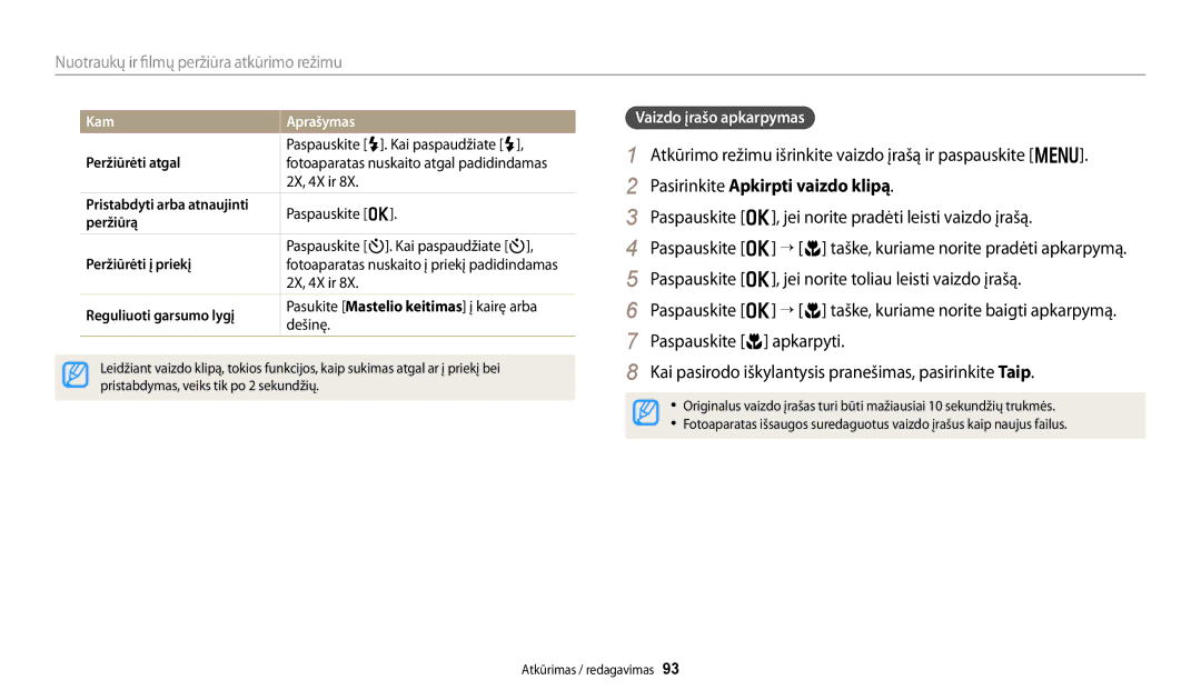 Samsung EC-DV150FBPWE2 manual Atkūrimo režimu išrinkite vaizdo įrašą ir paspauskite m, Pasirinkite Apkirpti vaizdo klipą 