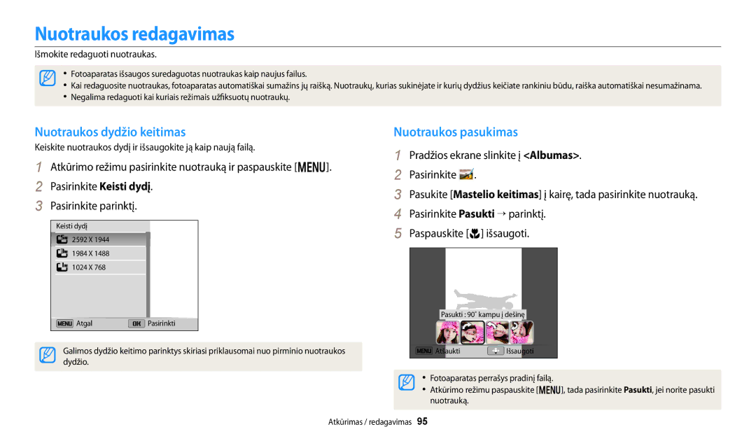 Samsung EC-DV150FBPWE2, EC-DV150FBPBE2 manual Nuotraukos redagavimas, Nuotraukos dydžio keitimas, Nuotraukos pasukimas 