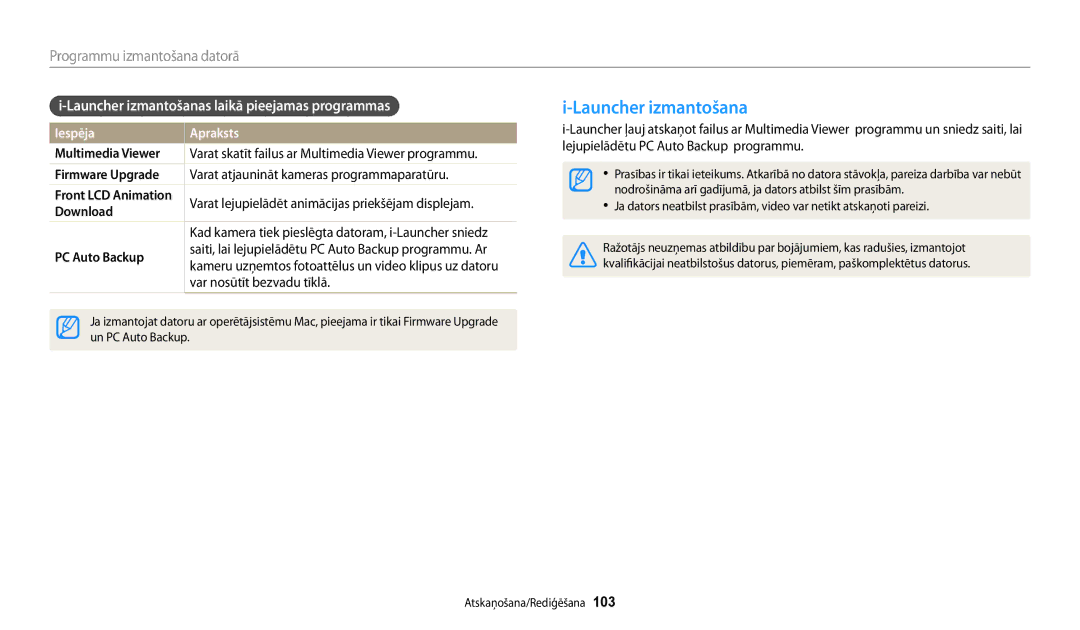 Samsung EC-DV150FBPWE2, EC-DV150FBPBE2 manual Launcher izmantošanas laikā pieejamas programmas 