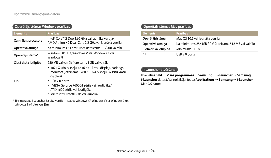 Samsung EC-DV150FBPBE2 manual Operētājsistēmas Windows prasības, Operētājsistēmas Mac prasības, Launcher atvēršana 