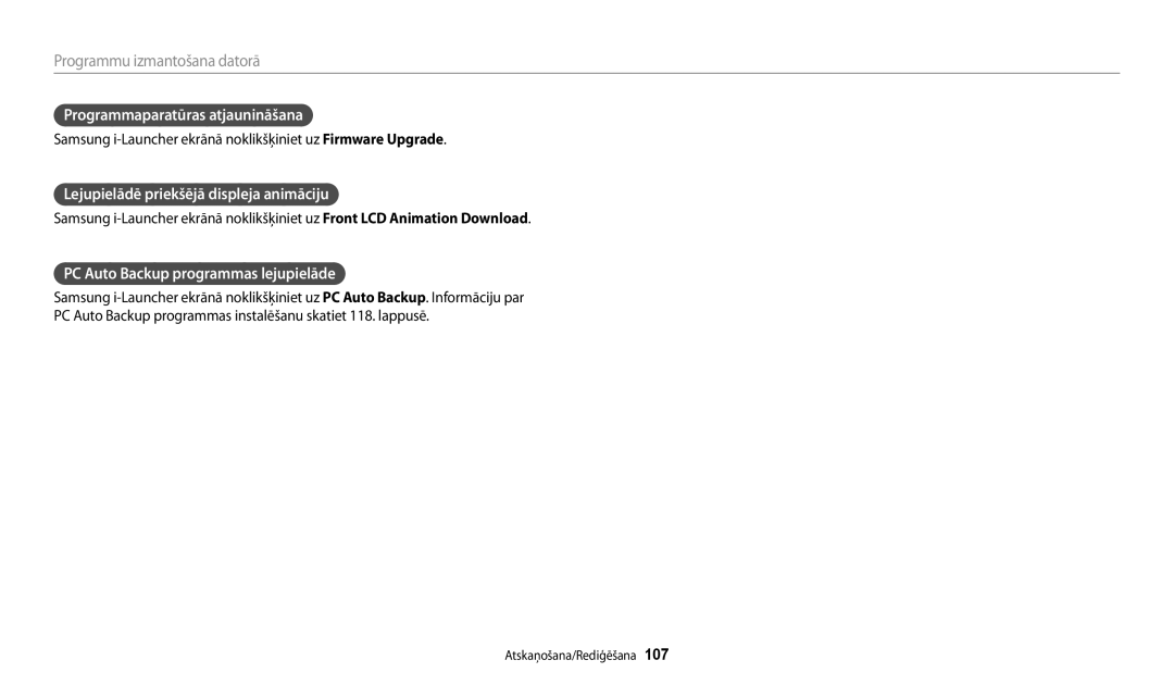 Samsung EC-DV150FBPWE2, EC-DV150FBPBE2 manual Programmaparatūras atjaunināšana, Lejupielādē priekšējā displeja animāciju 