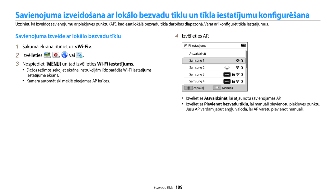 Samsung EC-DV150FBPWE2, EC-DV150FBPBE2 manual Savienojuma izveide ar lokālo bezvadu tīklu, Izvēlieties AP 