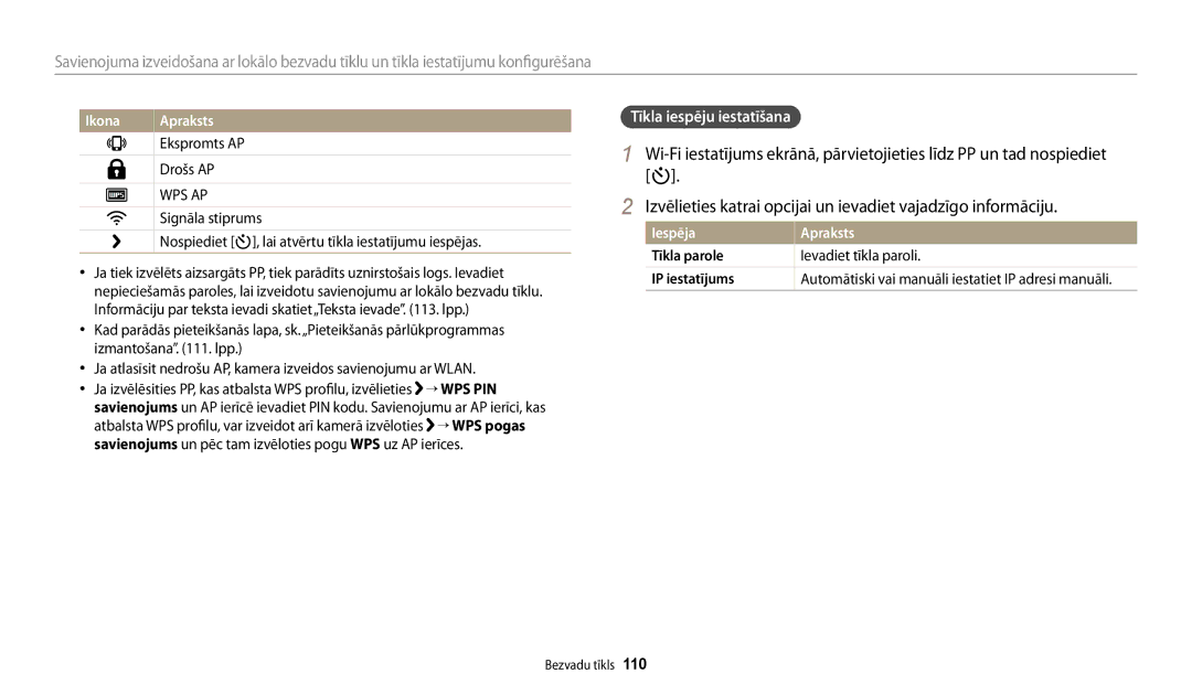 Samsung EC-DV150FBPBE2, EC-DV150FBPWE2 manual Tīkla iespēju iestatīšana, Ekspromts AP, Drošs AP, Signāla stiprums 