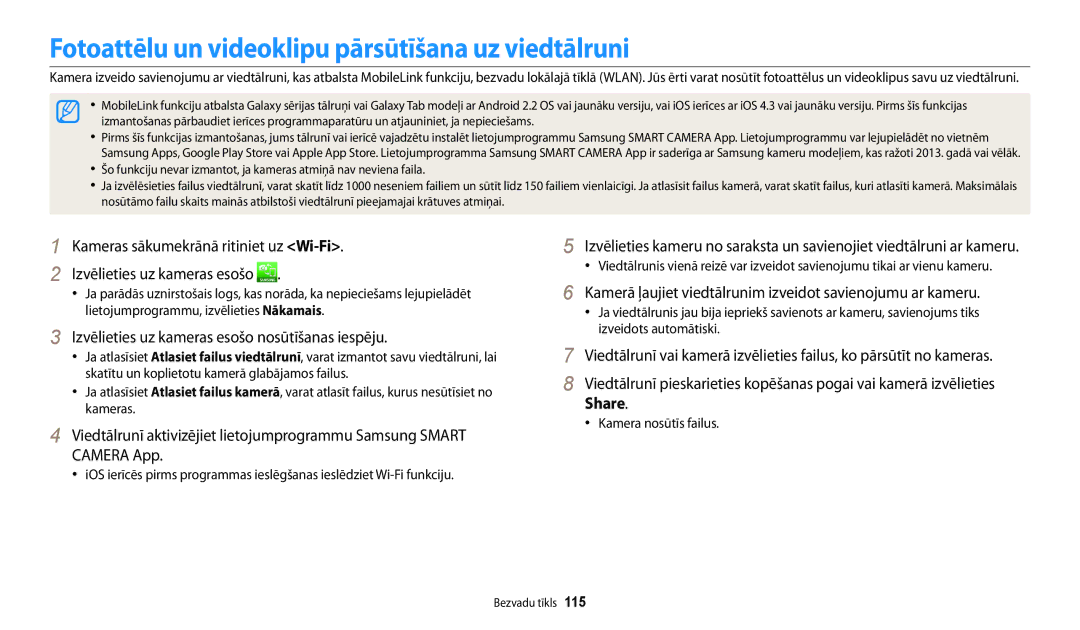 Samsung EC-DV150FBPWE2, EC-DV150FBPBE2 manual Fotoattēlu un videoklipu pārsūtīšana uz viedtālruni, Kamera nosūtīs failus 