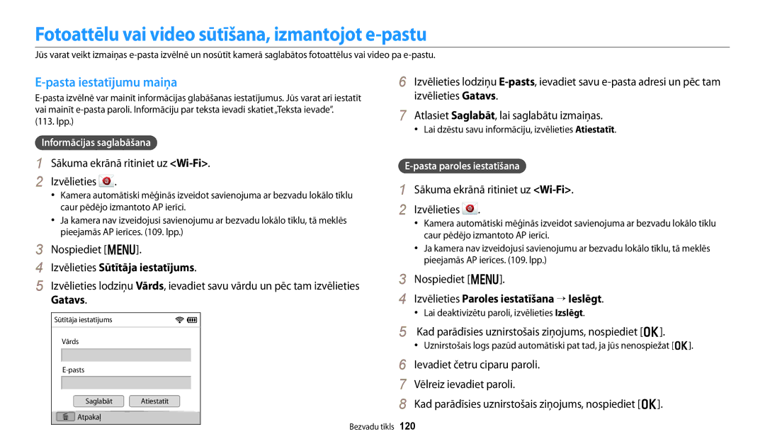 Samsung EC-DV150FBPBE2, EC-DV150FBPWE2 Fotoattēlu vai video sūtīšana, izmantojot e-pastu, Pasta iestatījumu maiņa, Gatavs 