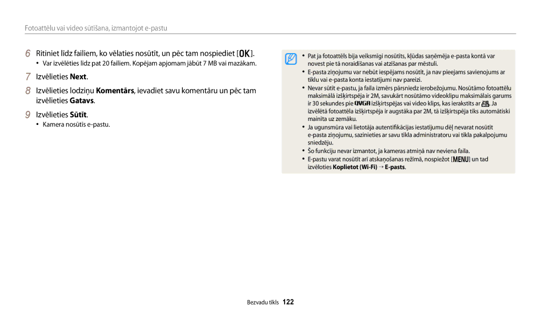 Samsung EC-DV150FBPBE2, EC-DV150FBPWE2 manual Kamera nosūtīs e-pastu, Tīklu vai e-pasta konta iestatījumi nav pareizi 