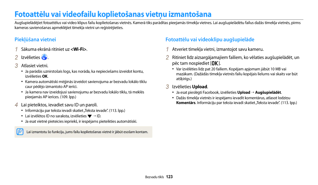 Samsung EC-DV150FBPWE2, EC-DV150FBPBE2 manual Fotoattēlu vai videofailu koplietošanas vietņu izmantošana, Piekļūšana vietnei 