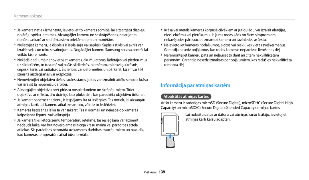 Samsung EC-DV150FBPWE2, EC-DV150FBPBE2 manual Informācija par atmiņas kartēm, Atbalstītās atmiņas kartes 