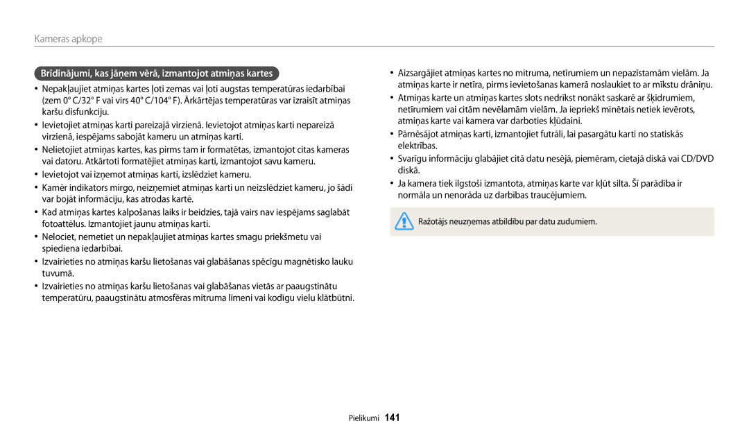 Samsung EC-DV150FBPWE2, EC-DV150FBPBE2 manual Brīdinājumi, kas jāņem vērā, izmantojot atmiņas kartes 