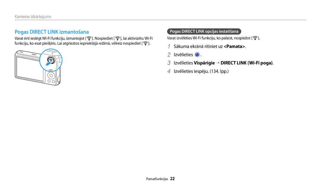 Samsung EC-DV150FBPBE2, EC-DV150FBPWE2 manual Pogas Direct Link izmantošana, Sākuma ekrānā ritiniet uz Pamata Izvēlieties 