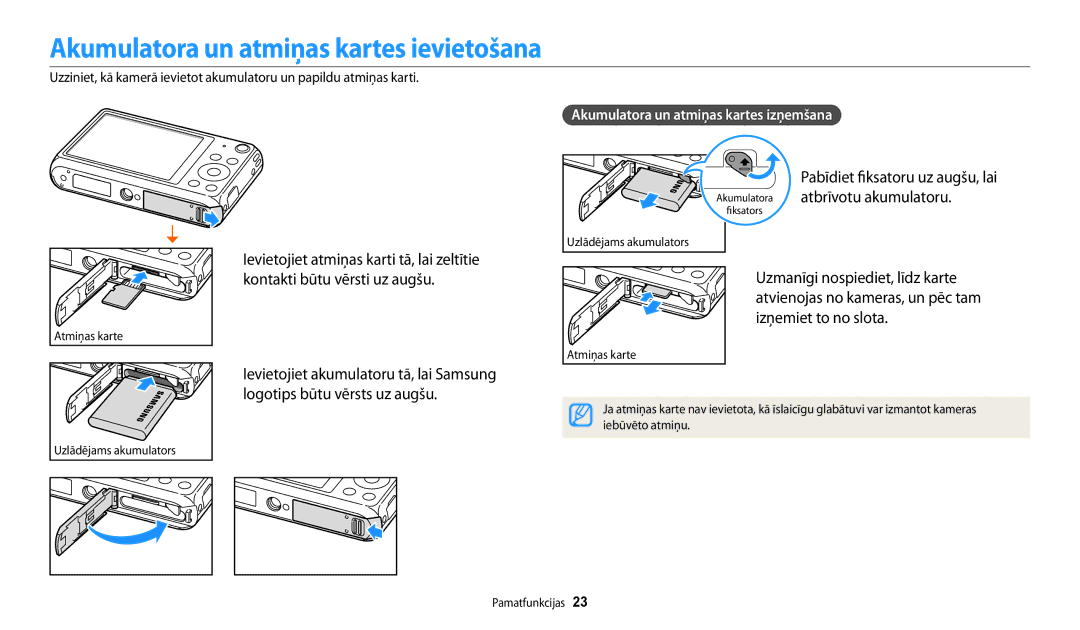 Samsung EC-DV150FBPWE2, EC-DV150FBPBE2 Akumulatora un atmiņas kartes ievietošana, Akumulatora un atmiņas kartes izņemšana 