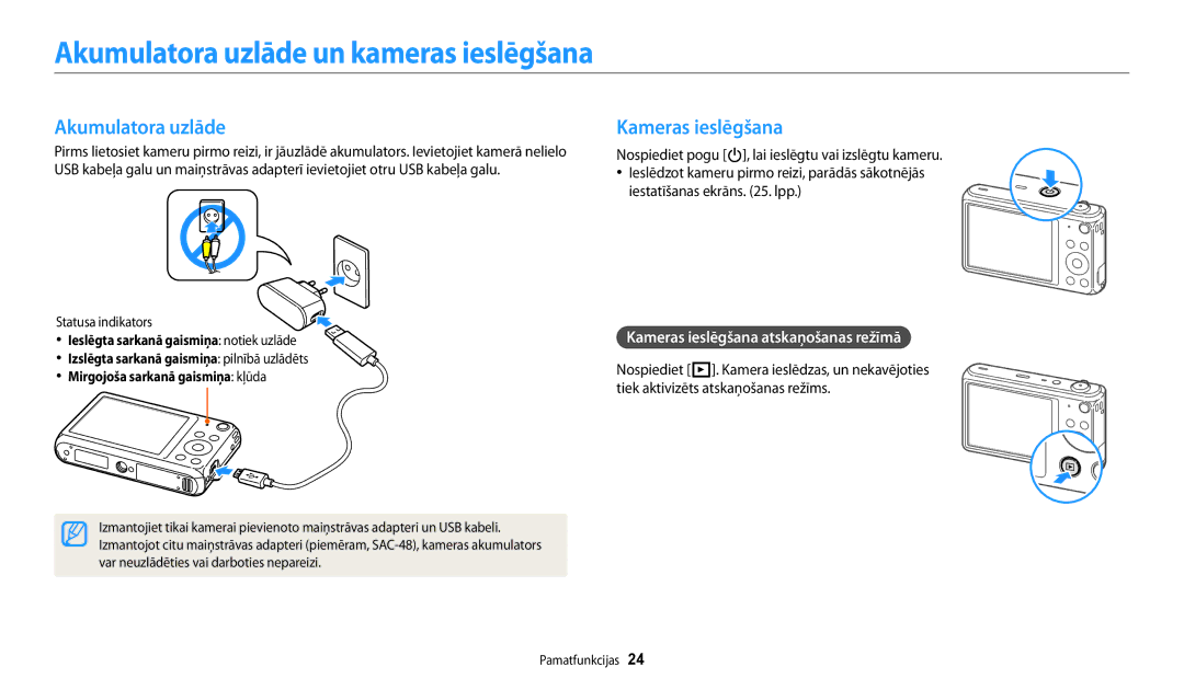 Samsung EC-DV150FBPBE2, EC-DV150FBPWE2 manual Akumulatora uzlāde un kameras ieslēgšana, Kameras ieslēgšana 