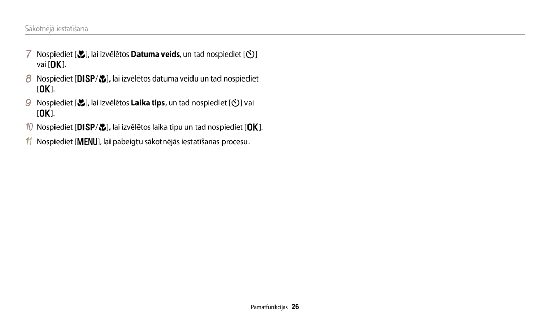 Samsung EC-DV150FBPBE2, EC-DV150FBPWE2 manual Sākotnējā iestatīšana 