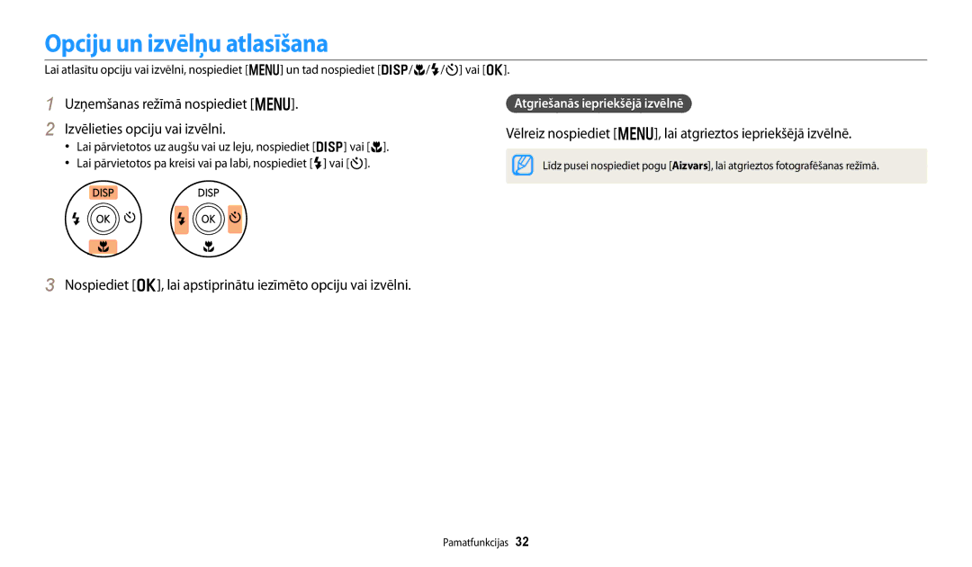 Samsung EC-DV150FBPBE2 manual Opciju un izvēlņu atlasīšana, Vēlreiz nospiediet m, lai atgrieztos iepriekšējā izvēlnē 