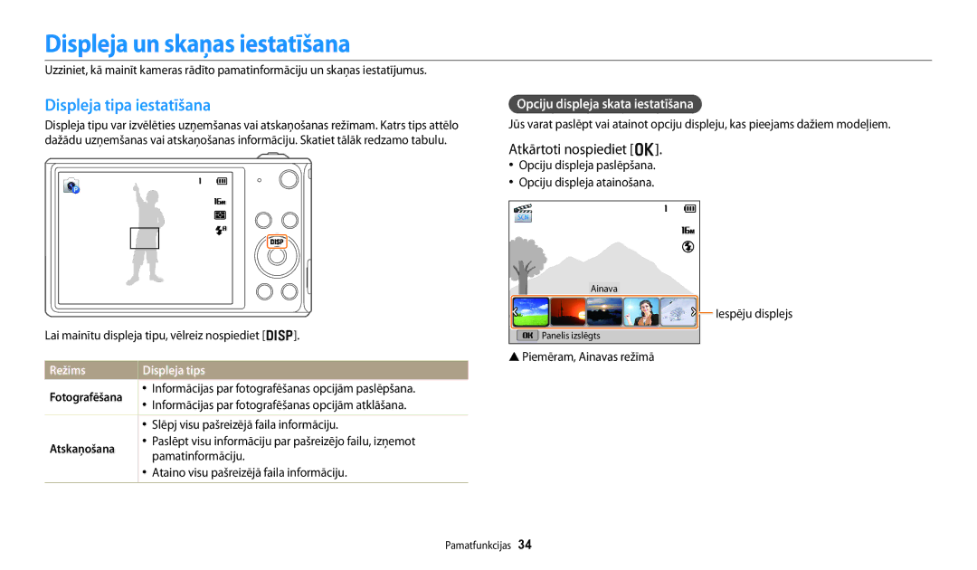 Samsung EC-DV150FBPBE2, EC-DV150FBPWE2 Displeja un skaņas iestatīšana, Displeja tipa iestatīšana, Atkārtoti nospiediet o 