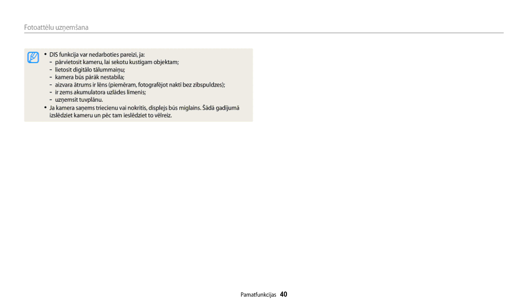 Samsung EC-DV150FBPBE2, EC-DV150FBPWE2 manual DIS funkcija var nedarboties pareizi, ja 