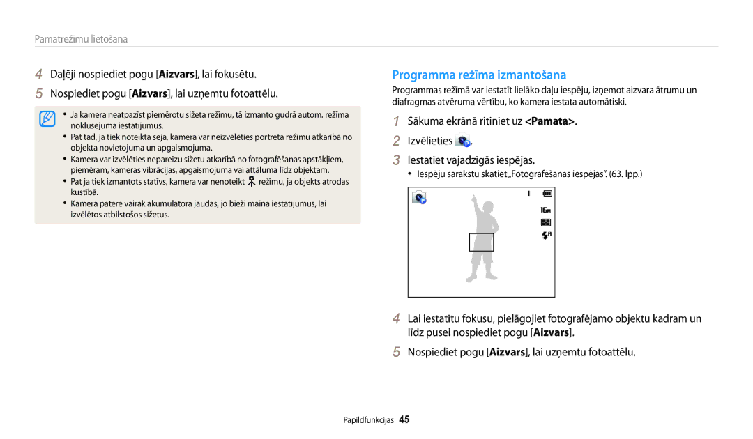 Samsung EC-DV150FBPWE2 manual Programma režīma izmantošana, Iespēju sarakstu skatiet„Fotografēšanas iespējas . lpp 