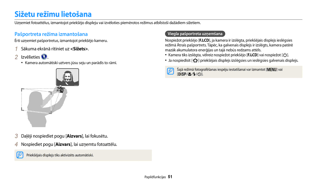 Samsung EC-DV150FBPWE2 manual Sižetu režīmu lietošana, Pašportreta režīma izmantošana, Viegla pašportreta uzņemšana 