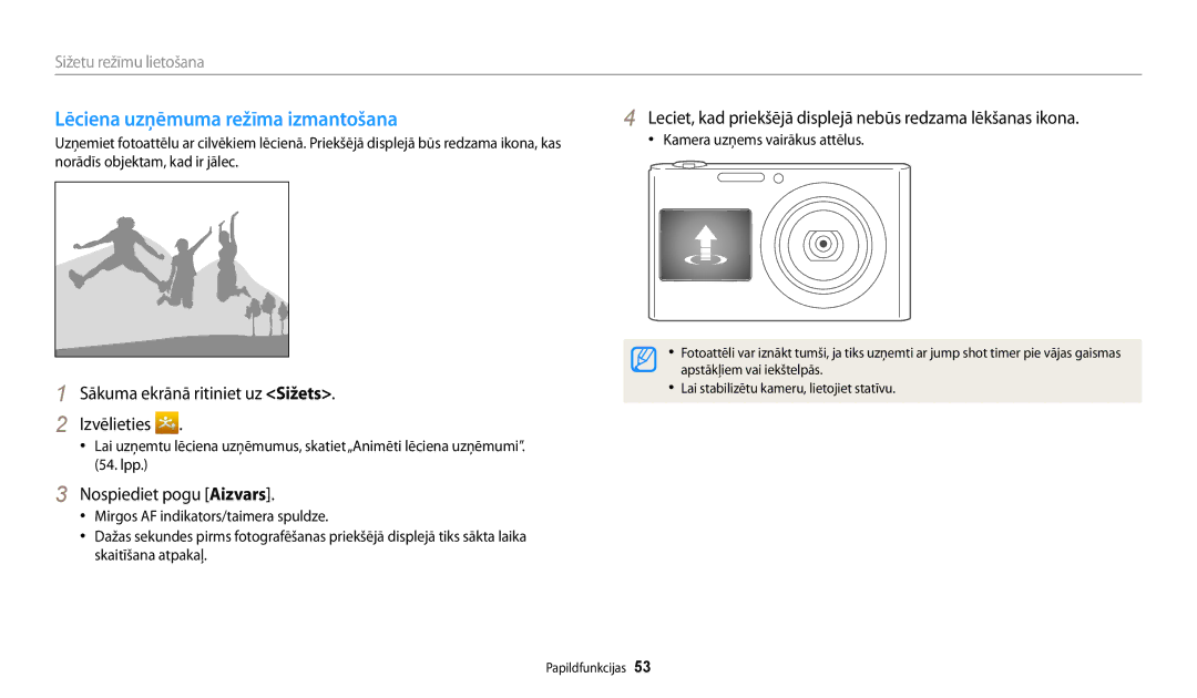 Samsung EC-DV150FBPWE2 manual Lēciena uzņēmuma režīma izmantošana, Nospiediet pogu Aizvars, Kamera uzņems vairākus attēlus 