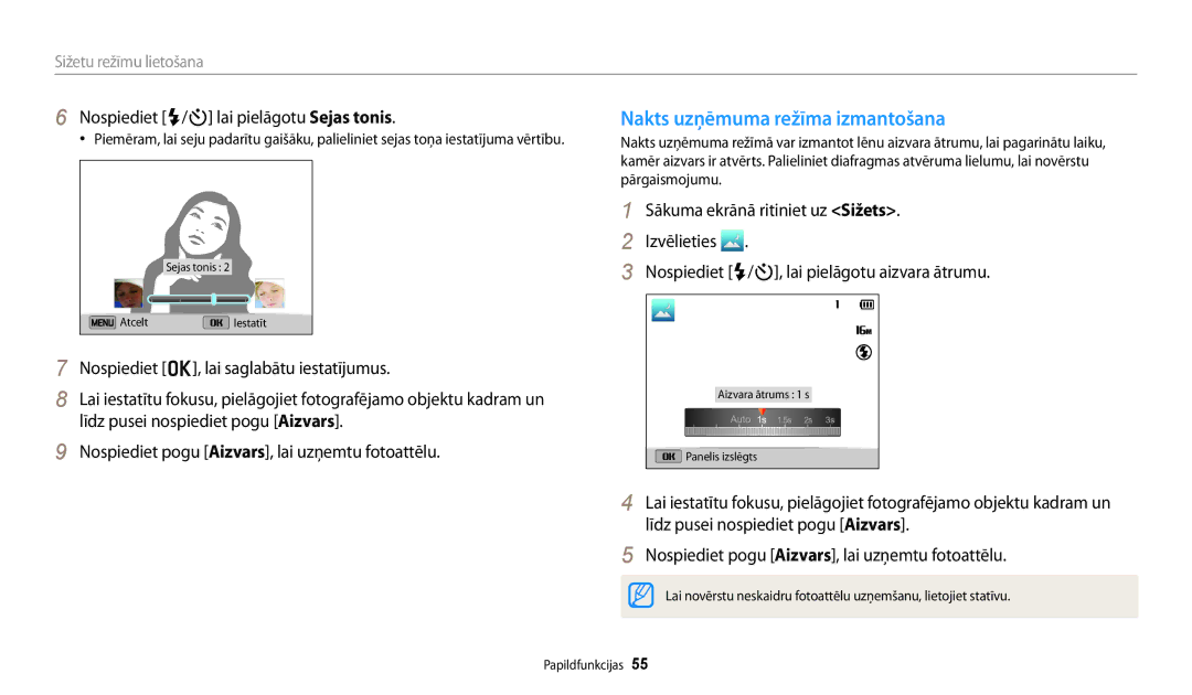 Samsung EC-DV150FBPWE2, EC-DV150FBPBE2 manual Nakts uzņēmuma režīma izmantošana, Nospiediet F/t lai pielāgotu Sejas tonis 