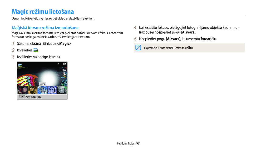 Samsung EC-DV150FBPWE2, EC-DV150FBPBE2 manual Magic režīmu lietošana, Maģiskā ietvara režīma izmantošana 