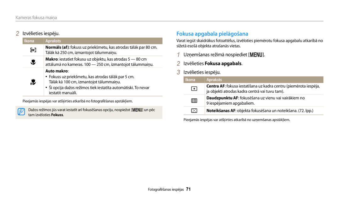 Samsung EC-DV150FBPWE2, EC-DV150FBPBE2 manual Fokusa apgabala pielāgošana, Izvēlieties Fokusa apgabals, Auto makro 