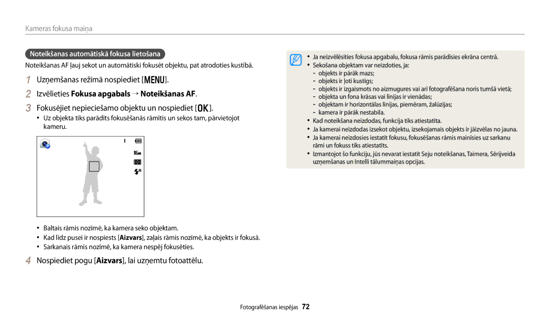 Samsung EC-DV150FBPBE2 manual Izvēlieties Fokusa apgabals → Noteikšanas AF, Fokusējiet nepieciešamo objektu un nospiediet o 