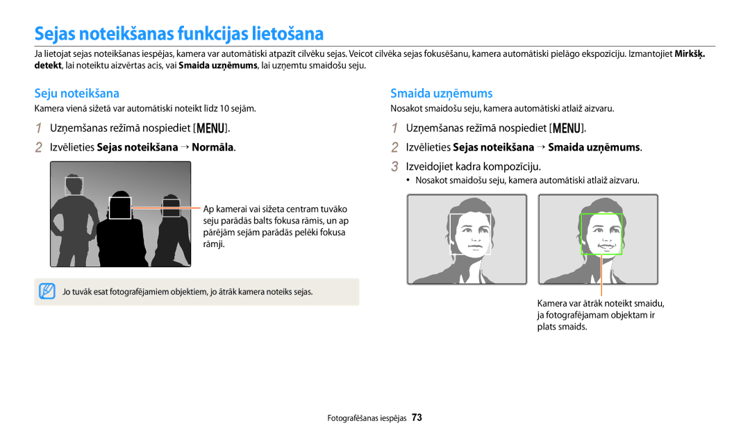 Samsung EC-DV150FBPWE2, EC-DV150FBPBE2 manual Sejas noteikšanas funkcijas lietošana, Seju noteikšana, Smaida uzņēmums 