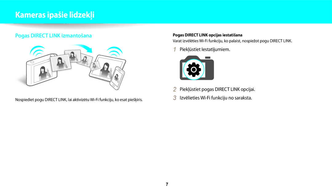 Samsung EC-DV150FBPWE2, EC-DV150FBPBE2 manual Kameras īpašie līdzekļi, Pogas Direct Link opcijas iestatīšana 