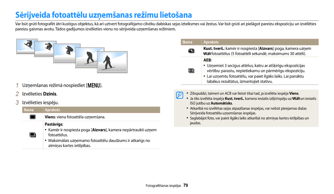 Samsung EC-DV150FBPWE2, EC-DV150FBPBE2 manual Sērijveida fotoattēlu uzņemšanas režīmu lietošana, Pastāvīgs 