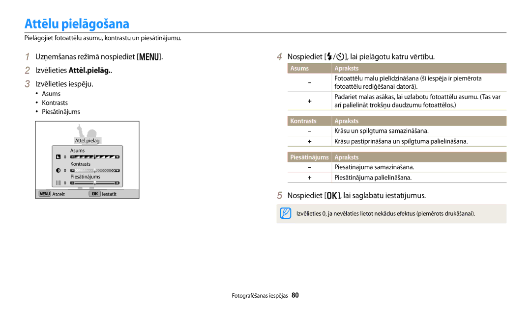 Samsung EC-DV150FBPBE2, EC-DV150FBPWE2 manual Attēlu pielāgošana, Nospiediet F/t, lai pielāgotu katru vērtību 