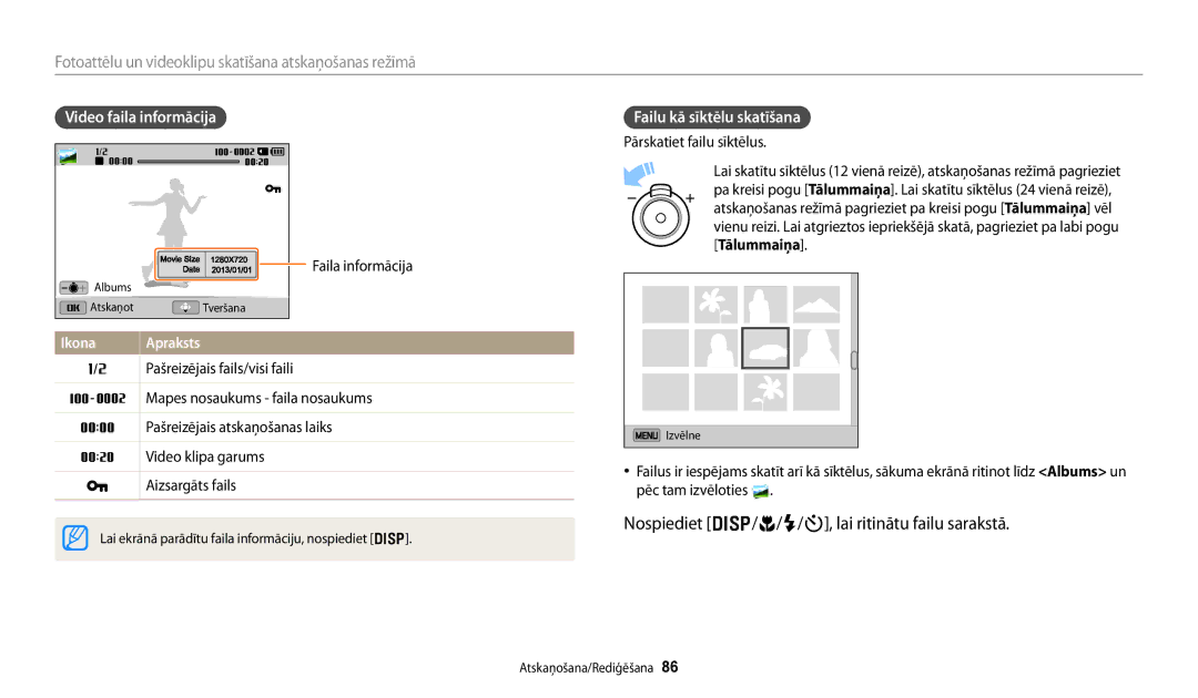 Samsung EC-DV150FBPBE2, EC-DV150FBPWE2 manual Nospiediet D/c/F/t, lai ritinātu failu sarakstā, Video faila informācija 