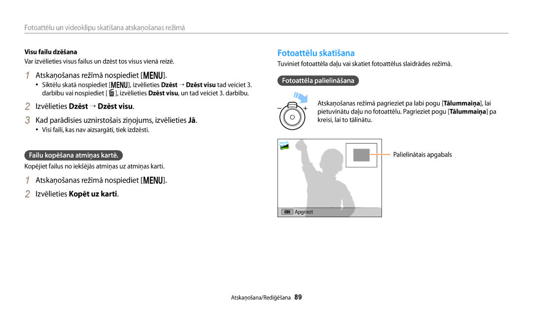 Samsung EC-DV150FBPWE2 manual Fotoattēlu skatīšana, Atskaņošanas režīmā nospiediet m, Izvēlieties Dzēst → Dzēst visu 