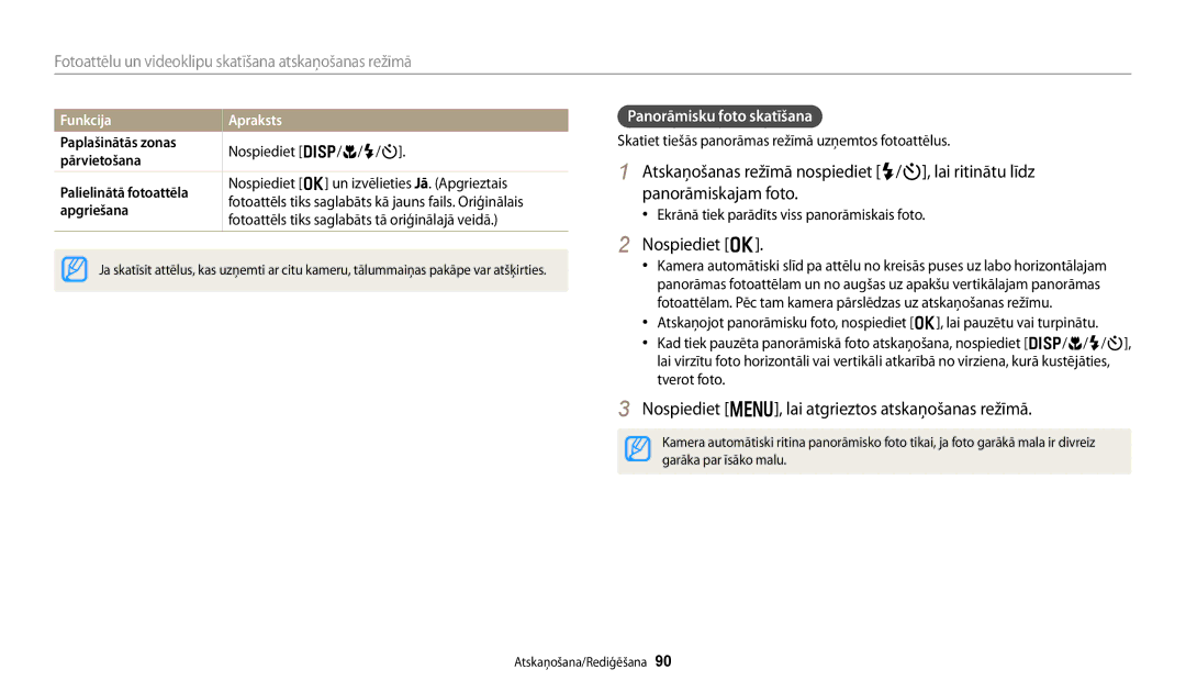 Samsung EC-DV150FBPBE2 Nospiediet m, lai atgrieztos atskaņošanas režīmā, Panorāmisku foto skatīšana, Funkcija Apraksts 