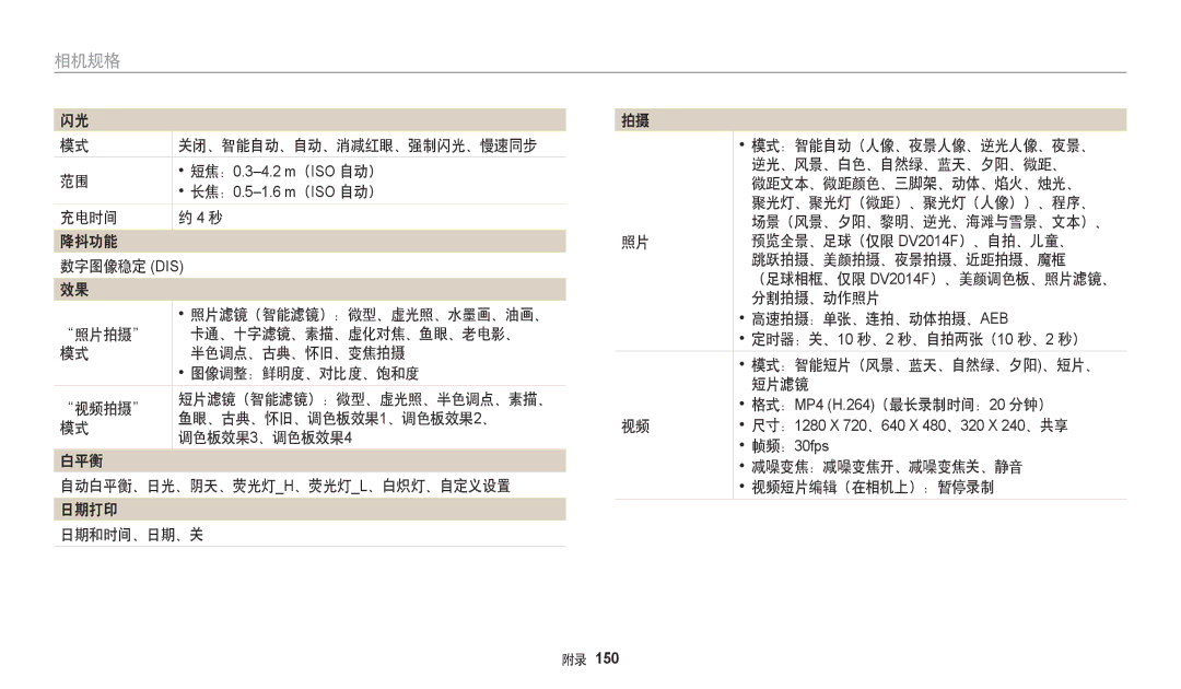 Samsung EC-DV150FBPBE3 manual 充电时间 降抖功能 数字图像稳定 Dis, 半色调点、古典、怀旧、变焦拍摄, 图像调整：鲜明度、对比度、饱和度, 视频拍摄, 鱼眼、古典、怀旧、调色板效果1、调色板效果2、 