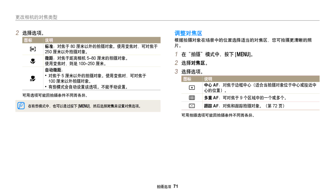 Samsung EC-DV150FBPWE3, EC-DV150FBPBE3, EC-DV150FBPLE3, EC-DV150FBPPE3, EC-DV150FBPEE3 manual 调整对焦区, 在拍摄模式中，按下 m。 选择对焦区。 选择选项。 