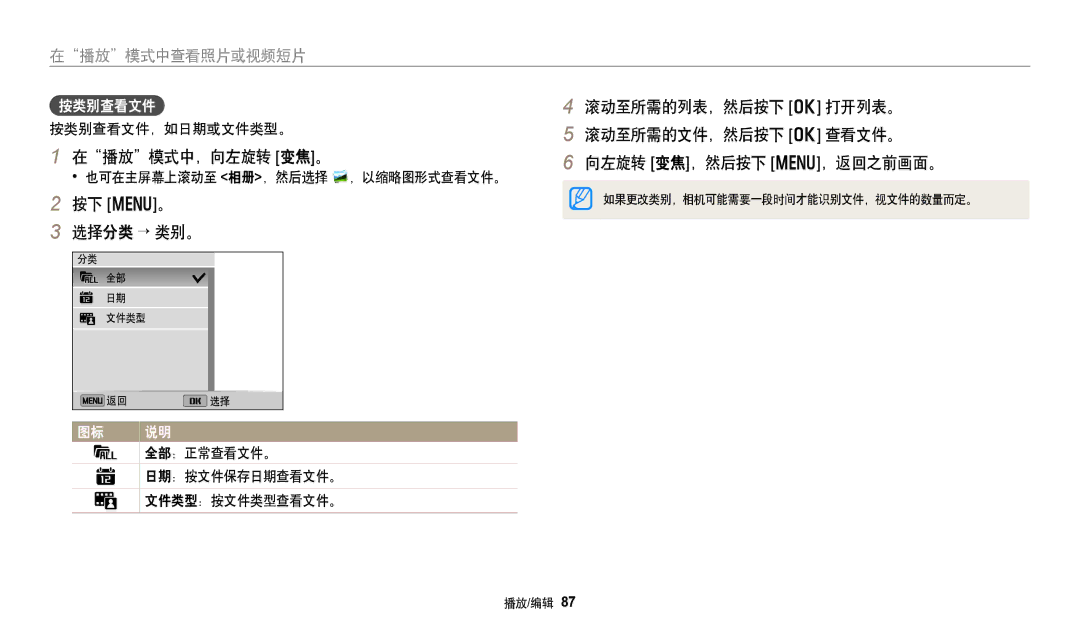 Samsung EC-DV150FBPEE3, EC-DV150FBPWE3 manual 在播放模式中，向左旋转 变焦。, 按类别查看文件，如日期或文件类型。, 日期：按文件保存日期查看文件。 文件类型：按文件类型查看文件。 