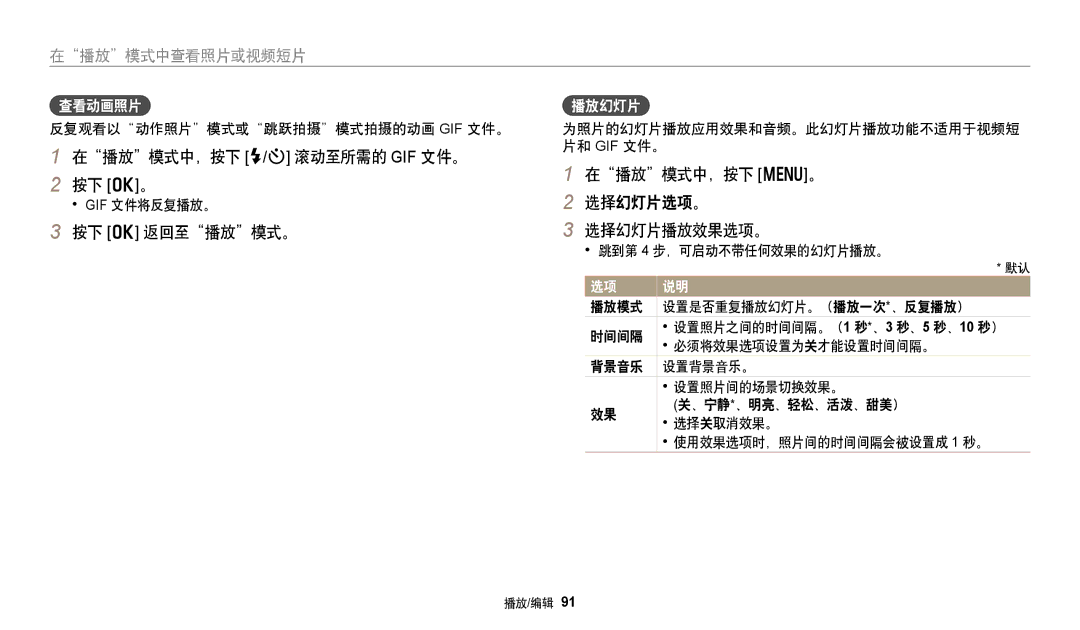 Samsung EC-DV150FBPLE3 manual 在播放模式中，按下 F/t 滚动至所需的 GIF 文件。 按下 o。, 按下 o 返回至播放模式。, 在播放模式中，按下 m。 选择幻灯片选项。 选择幻灯片播放效果选项。, 查看动画照片 