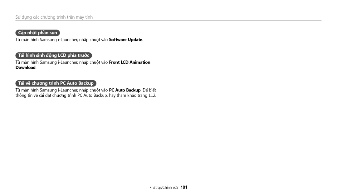 Samsung EC-DV180FBDBVN manual Cập nhật phần sụn, Tải hình sinh động LCD phía trước, Tải về chương trình PC Auto Backup 